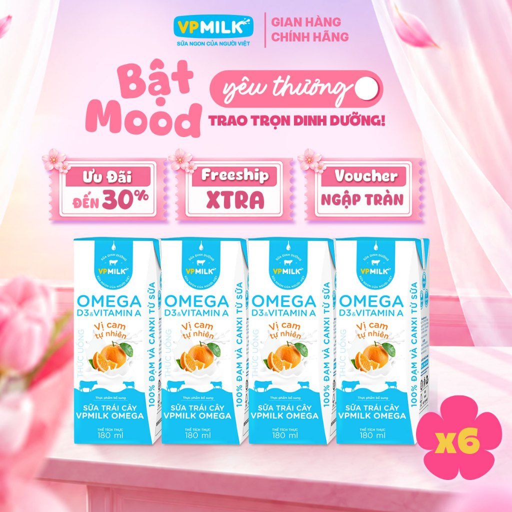 [NỬA THÙNG 6 lốc] Sữa trái cây VPMILK Omega vị CAM tự nhiên 180ml (4 hộp x 6)