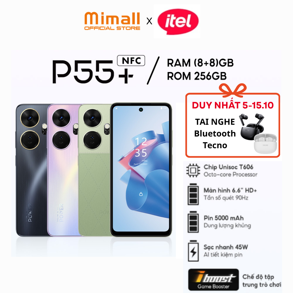 Điện Thoại Thông Minh Itel P55+ 16GB(8+8)/256GB | Hỗ Trợ NFC |Sạc Nhanh 45W| HD+ 90Hz-Hàng chính hãng