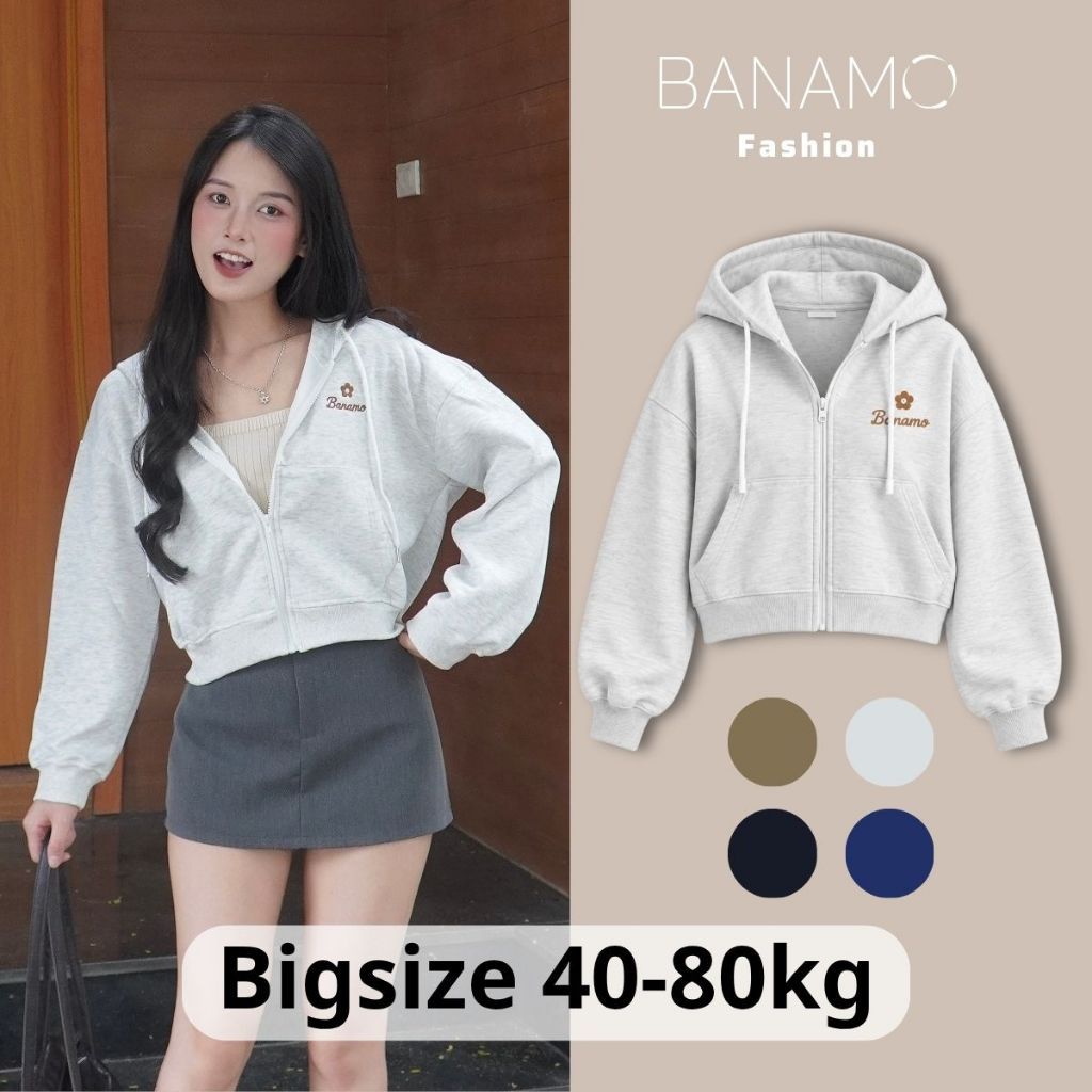 Áo khoác hoodie nữ BIGSIZE Banamo Fashion form rộng dáng ngắn có mũ kéo khoá thêu logo chất nỉ 2 da 361