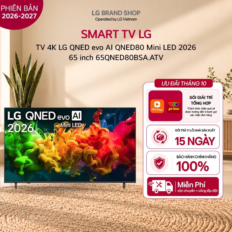 [Chỉ giao miền Nam/Bắc] 65QNED80BSA.ATV - Tivi thông minh LG 4K QNED evo AI QNED80 Mini LED 2026 65 inch