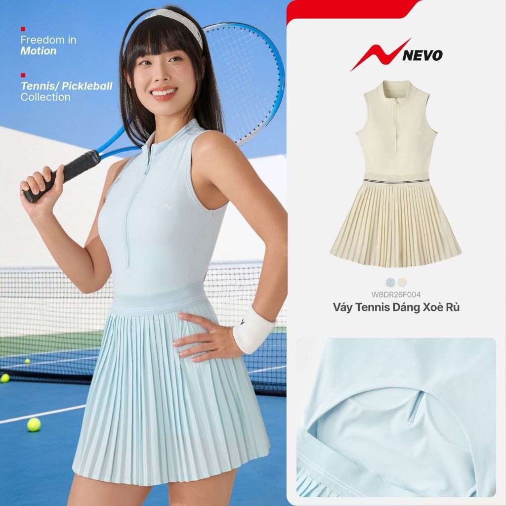 Váy Thể Thao Nữ NEVO  Có Đệm Liền Váy 2 Lớp Sát Nách Tập Pickleball Tennis Xếp Ly Có Quần Trong Thoáng Mát WBDR26F004