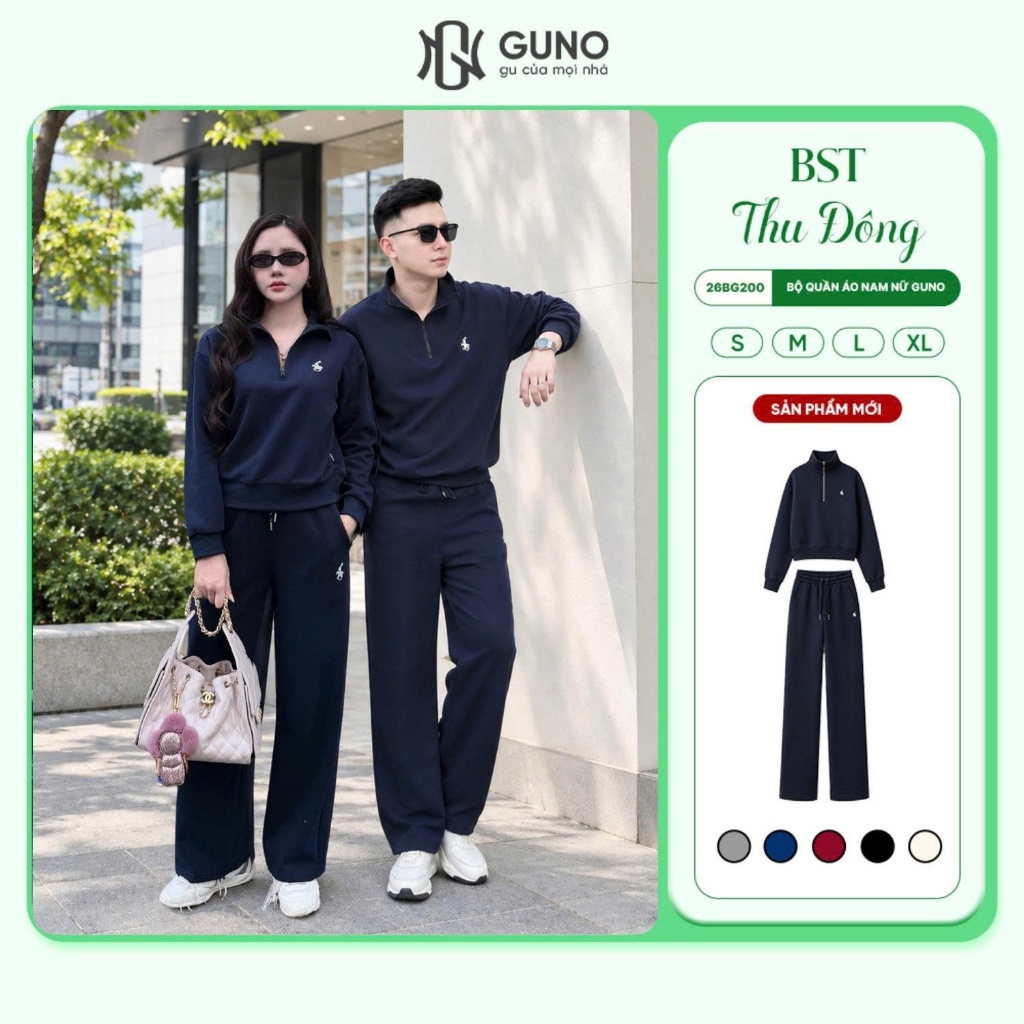 Set Bộ Nỉ Thu Đông GUNO Nam Nữ Cổ Khóa Kéo Quần Suông Form Rộng Nỉ Hai Da Cao Cấp 26BG200/BB230