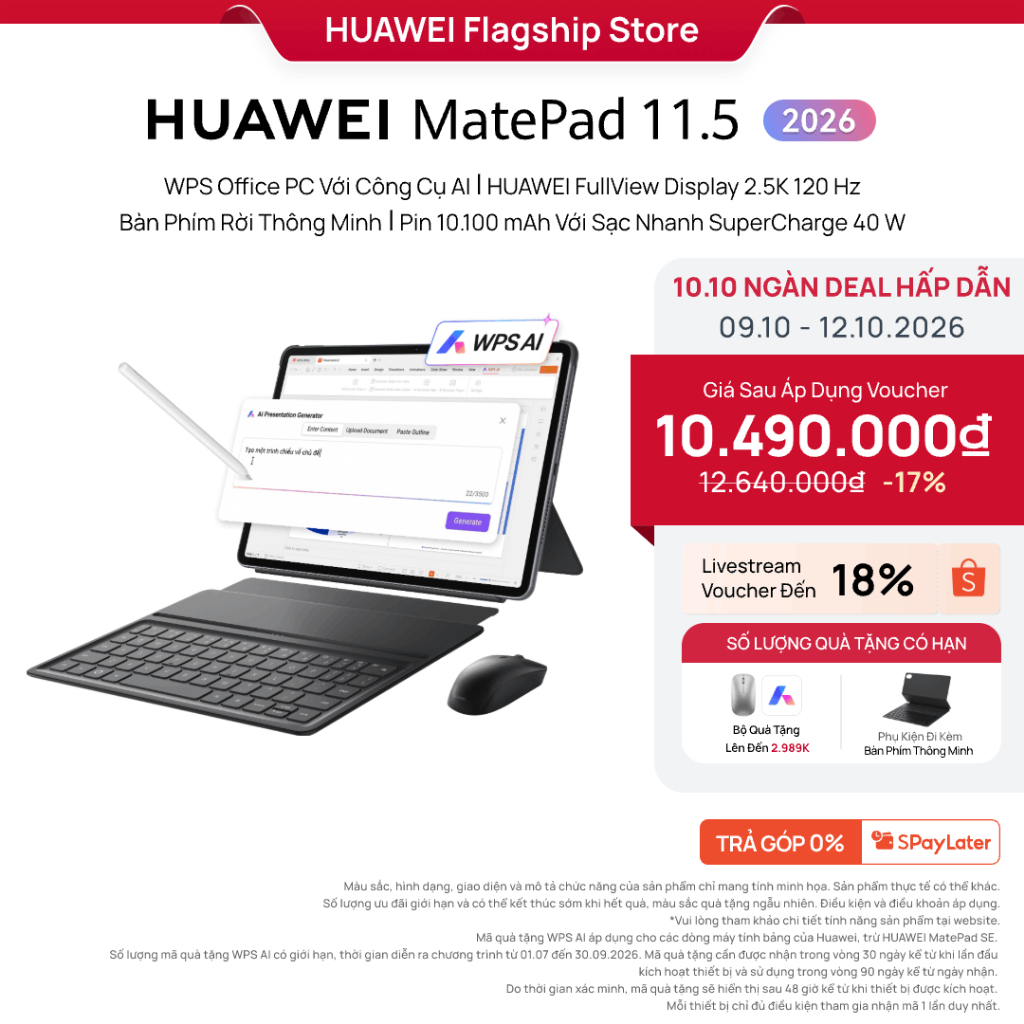 Máy tính bảng HUAWEI MatePad 11.5 2026 | WPS Office PC Với Công Cụ AI | HUAWEI FullView Display 2.5K 120Hz| Bàn Phím Rời