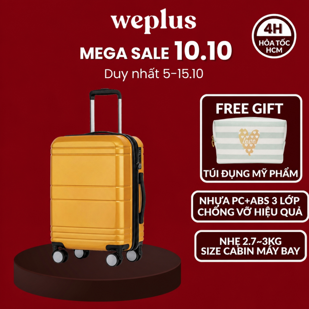 Vali Size 20 Cabin Máy Bay Weplus Siêu Nhẹ 2.7kg Nhựa PC ABS Siêu Bền Chịu Lực Chống Va Đập Đi Lại Ngắn Ngày WPL115-20