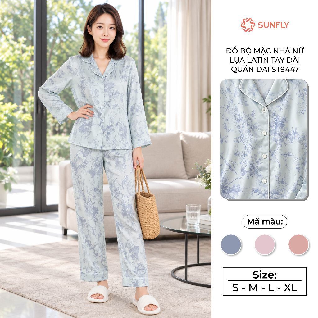 Bộ mặc nhà pijama nữ thu đông áo dài quần dài lụa latin mềm mịn, thoải mái SUNFLY ST9447