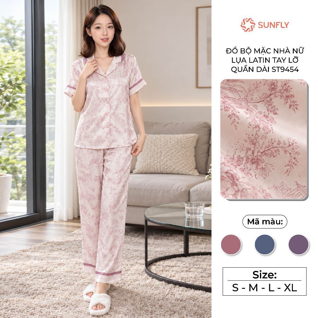 Bộ mặc nhà pijama nữ thu đông áo cộc quần dài lụa latin mềm mịn, thoải mái SUNFLY ST9454