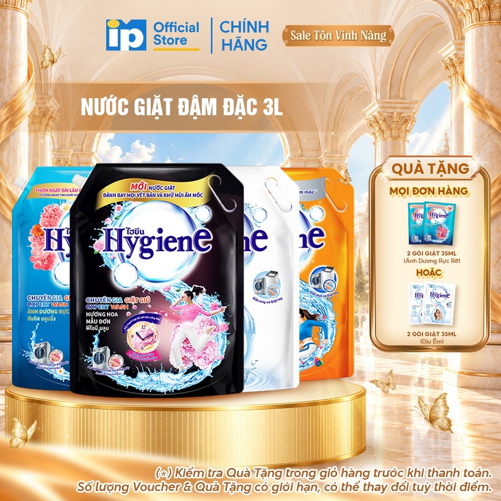 Nước Giặt Đậm Đặc Hygiene 3L (Dịu Êm/ Ánh Dương Hạnh Phúc/ Hoa Mẫu Đơn/ Ánh Dương Rực Rỡ)