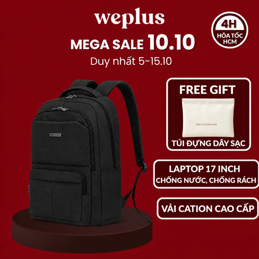Balo Du Lịch Weplus 17 inch Chống Nước Đựng Laptop Thiết Kế Công Thái Học Ôm Sát Không Đau Lưng WPB2021