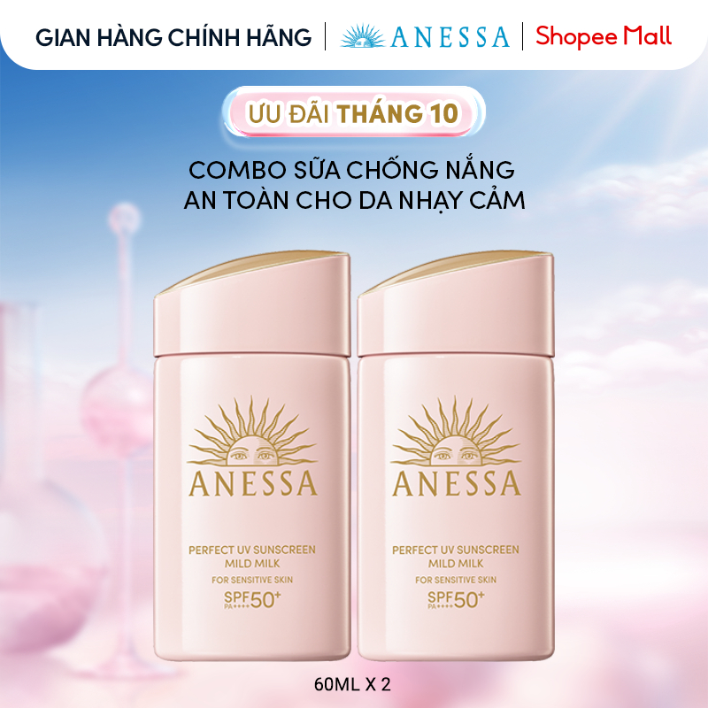 Combo Sữa chống nắng dưỡng da dịu nhẹ an toàn cho da nhạy cảm và trẻ em Anessa Mild Milk SPF50+ PA++++ 60mlx2