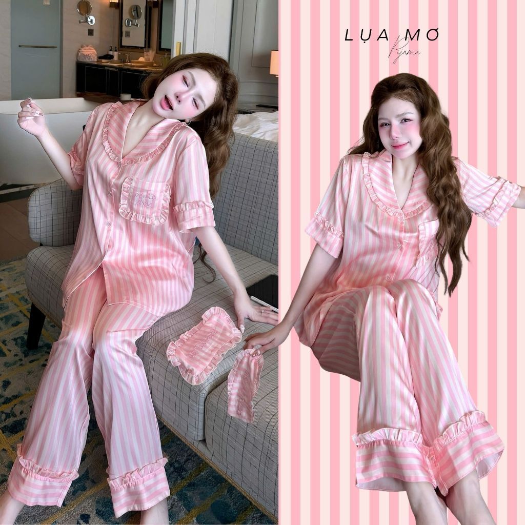 Pijama Tiểu Thư Tay Ngắn Quần Dài Họa Tiết Kẻ Sọc Hồng Kèm Bịt Mắt Vải Lụa Latin Cao Cấp - Đồ Bộ Lụa Mơ LM130
