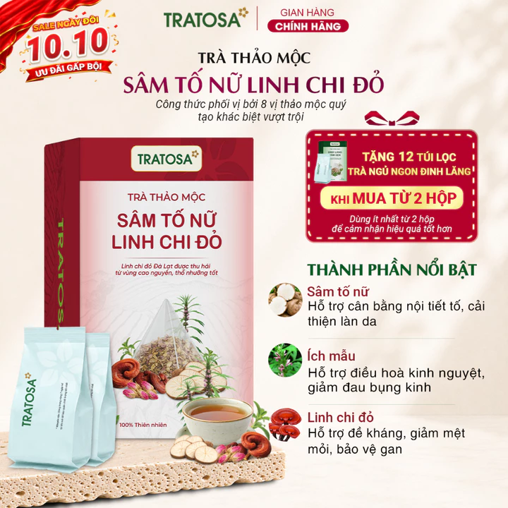 Trà sâm tố nữ linh chi đỏ TRATOSA trà thảo mộc hỗ trợ giảm đau bụng kinh, cân bằng nội tiết tố nữ, cải thiện lão hóa da