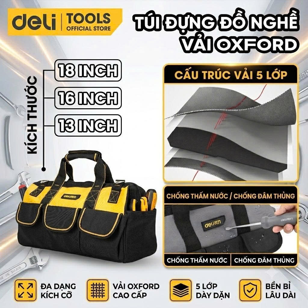 Túi Đựng Đồ Nghề Nhiều Ngăn DELI Đế Tay Nhựa Dụng Cụ Sửa Chữa - Có Quai Đeo Vải Dày Chống Nước