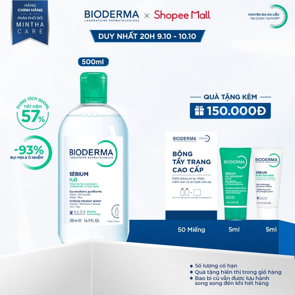 Dung dịch làm sạch và tẩy trang công nghệ Micellar cho da hỗn hợp, da dầu, và da mụn Bioderma Sebium H2O - 500ml