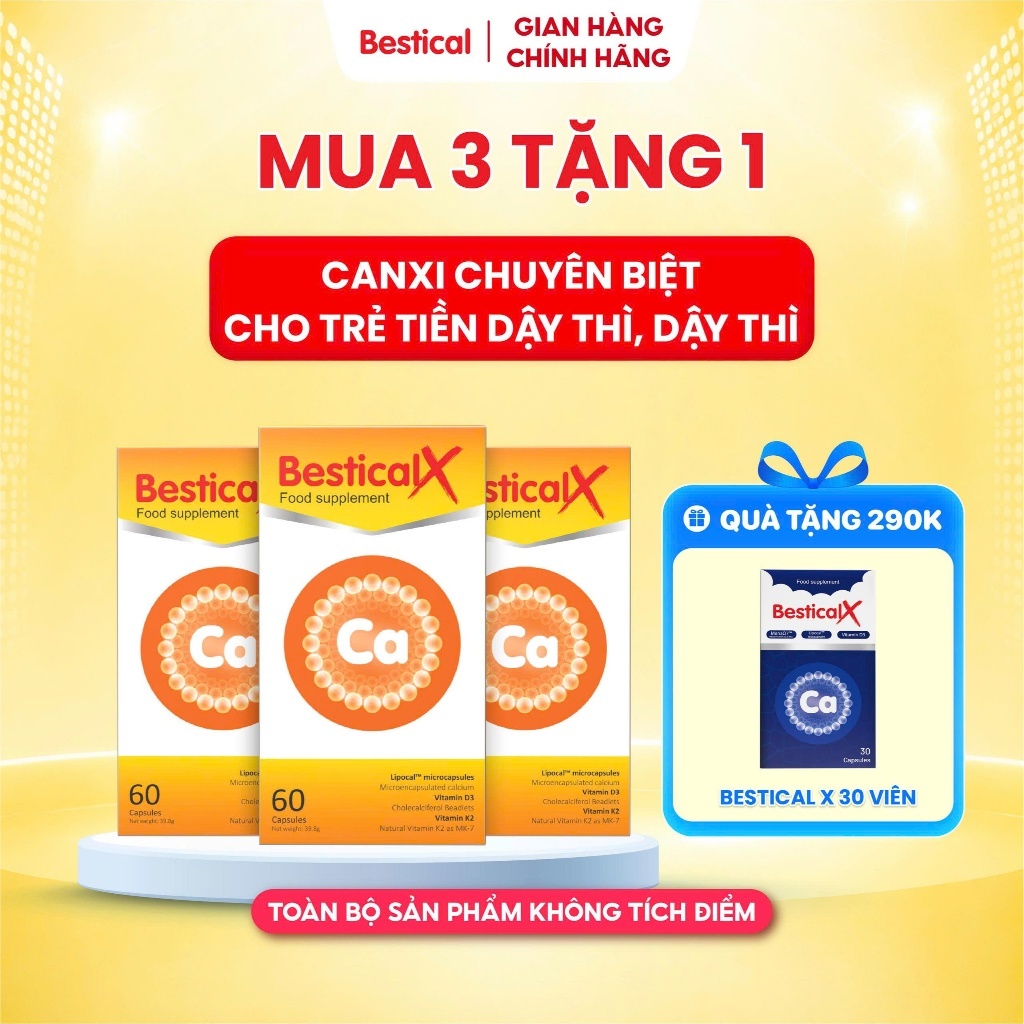 [Mua 3 tặng 1 BesticalX 30v] Canxi BesticalX Hộp 60v - Bổ sung canxi sinh học, d3, k2 cho trẻ (không tích điểm) - FS