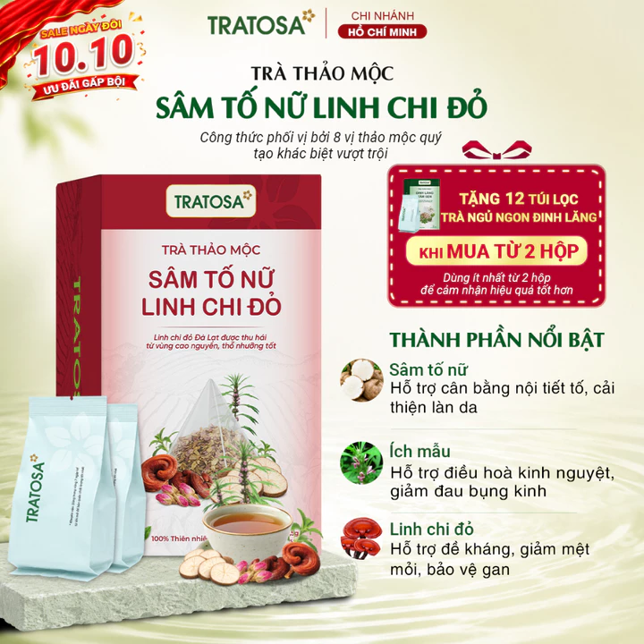 Trà sâm tố nữ linh chi đỏ TRATOSA trà thảo mộc hỗ trợ giảm đau bụng kinh, cân bằng nội tiết, cải thiện lão hóa da
