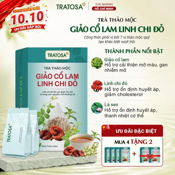 Trà giảo cổ lam linh chi đỏ Đà Lạt TRATOSA 7 vị thảo mộc, tốt cho huyết áp, tim mạch an toàn từ thiên nhiên