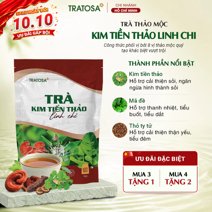 Trà kim tiền thảo linh chi TRATOSA trà thảo mộc tốt cho người thận yếu, tiểu đêm, sỏi thận an toàn từ thiên nhiên