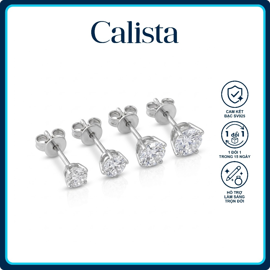 Khuyên tai nam nữ nụ đá bạc S925 Mạ Rhodium Calista Đính Đá CZ chốt bướm nhiều size cá tính PE24128