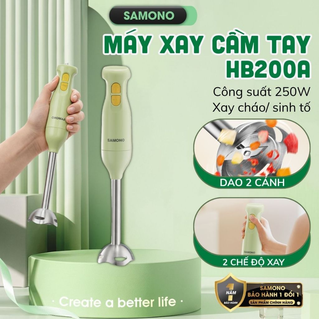 (MỚI) Máy xay cầm tay đa năng SAMONO SW-HB200A 250W thanh tay nhựa, xay cháo, xay sinh tố - BH 1 năm