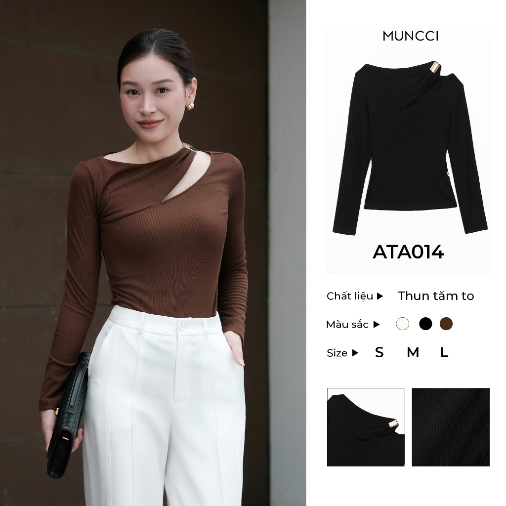 Áo Thun Nữ Dài Tay MUNCCI ATA014 Khoét Vai Chất Thun Tăm Gân Mềm Mại, Tôn Dáng, Ôm Body, Dễ Phối Đồ