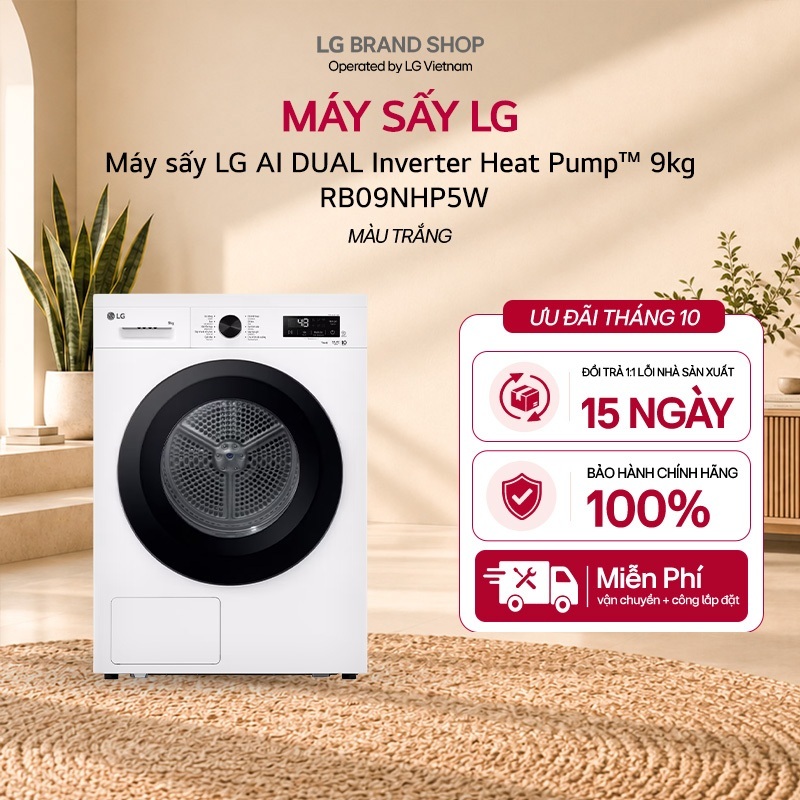 [Chỉ giao miền Bắc] Máy sấy LG AI DUAL Inverter Heat Pump™ 9kg màu trắng RB09NHP5W