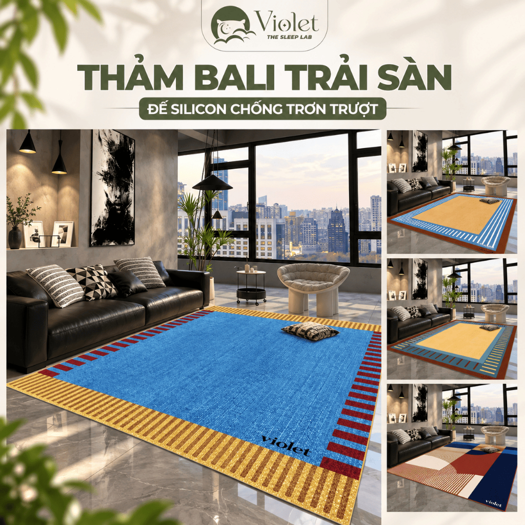 Thảm Trải Sàn Phòng Khách Bali VIOLET HOME Caro Nhiều Màu Decor Phòng Khách, Đế Cao Su Chống Trơn Trượt