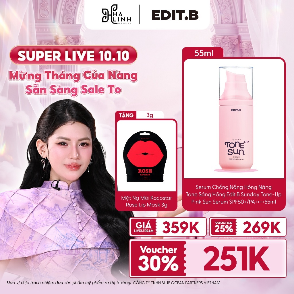 [Võ Hà Linh x Edit.B] Serum Chống Nắng Hồng Nâng Tone Sáng Hồng Edit.B Sunday Tone-Up Pink Sun Serum SPF50+/PA++++55ml