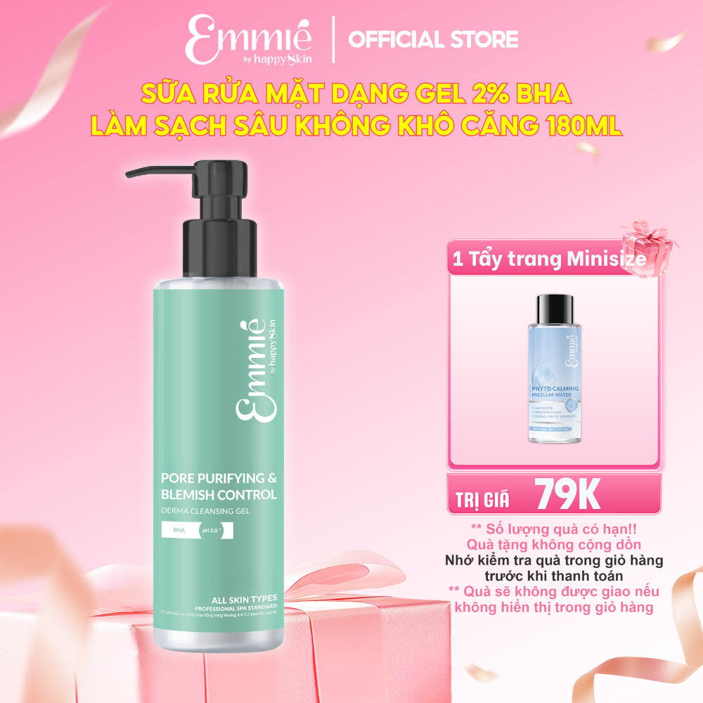Sữa rửa mặt cho da dầu mụn Emmie 2% BHA Sạch Sâu Kiểm Soát Mụn Thông Thoáng Lỗ Chân Lông - Dạng Gel Dịu Nhẹ Chai 180ml
