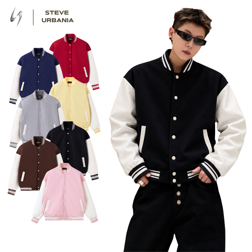 Áo Khoác Bomber Basic STEVE URBANIA Nam nữ Form Rộng Unisex, Áo khoác Varsity vải dạ phối tay da và dạ cao cấp - AK03