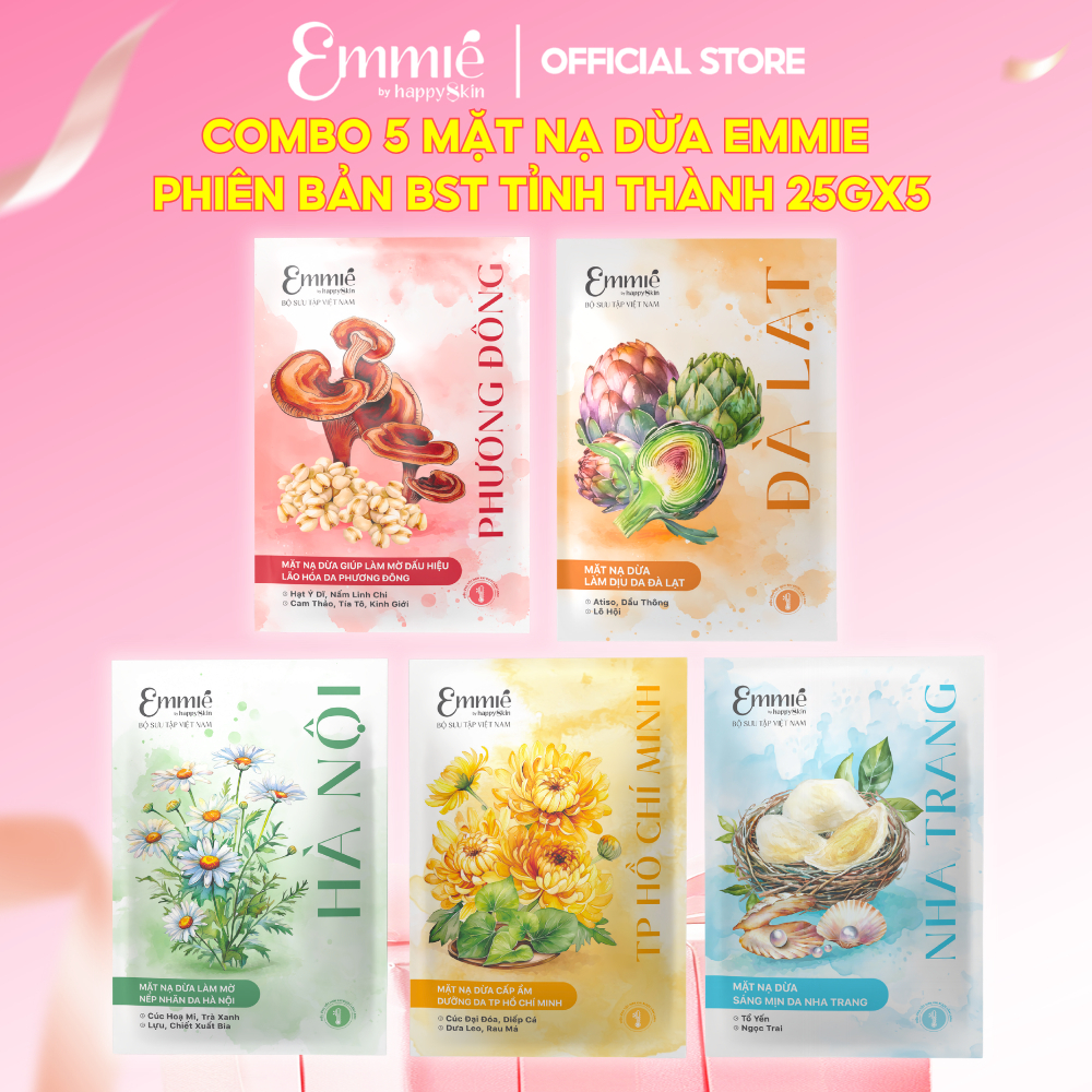 Mặt nạ phôi dừa Emmie Bio Cellulose mặt nạ dừa phiên bản Tỉnh Thành giúp cấp ẩm và làm mềm da Combo 5 Miếng 25gx5