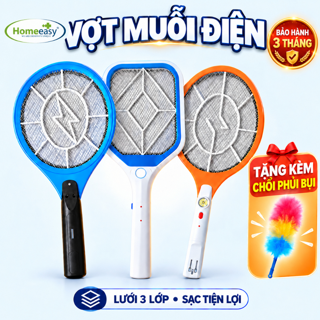 [ Hỏa Tốc ]Vợt Muỗi Điện Chính Hãng Homeeasy 3 Lớp Lưới Pin Sạc 400mAH Tặng Chổi Phủi Bụi DT30