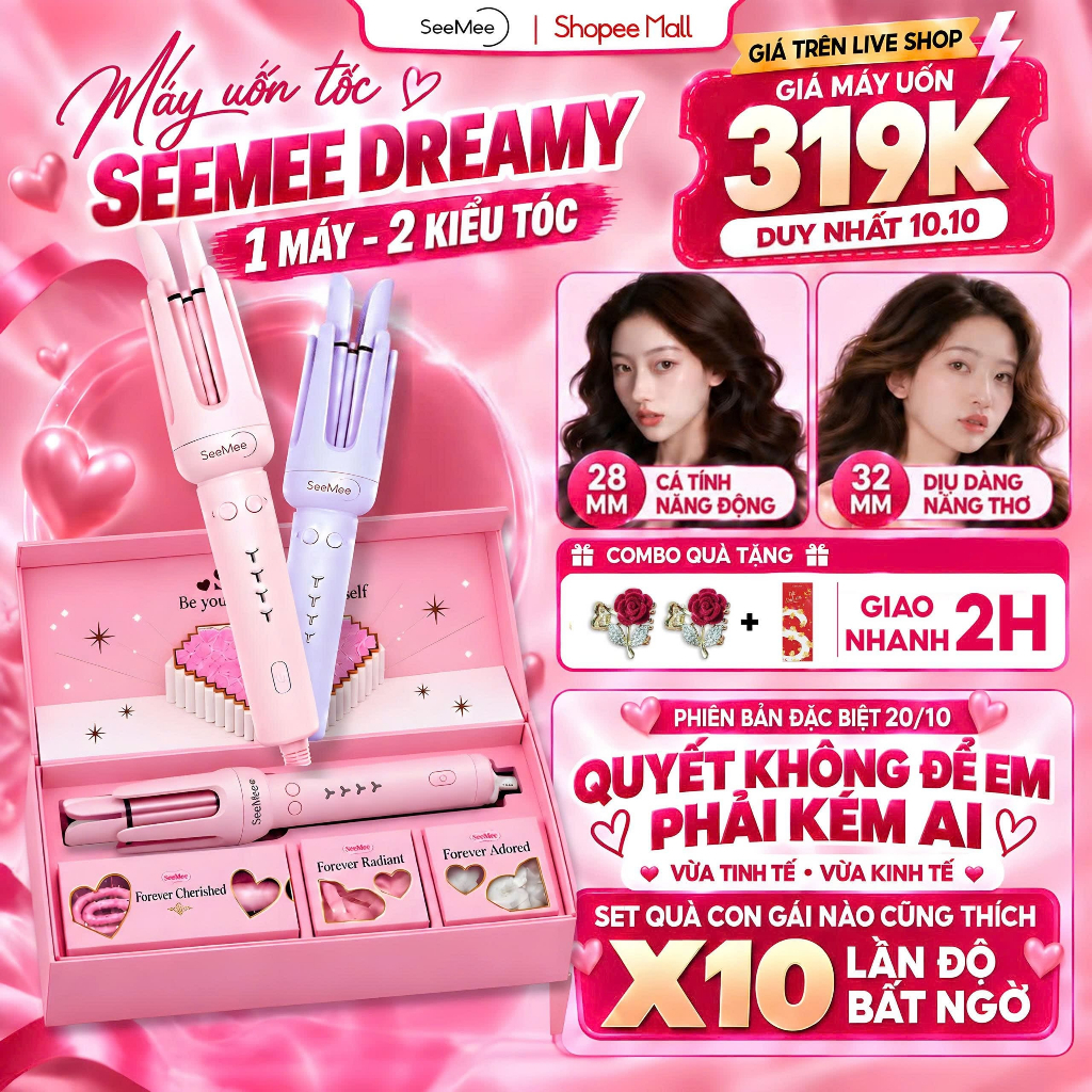 [GIÁ 319K TẠI LIVE SHOP] Máy Uốn Tóc Tự Động Seemee trục 28mm 32mm, Set Quà Tặng Cho Nữ 20/10 LOVEBOX bản 2025, LIS