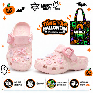 TẶNG Túi HalloWeen, CHARM Giống Hình, Vớ - MC20 YH - Dép Sục MERCY TRUST Vân Kim Cương Quai Khóa Nam Nữ HỒNG, EVA Êm Nhẹ