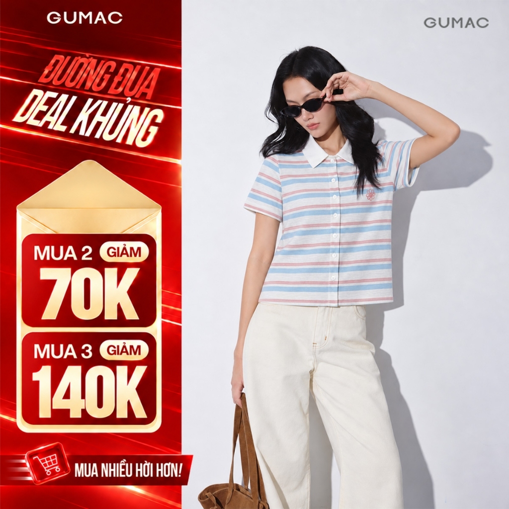 [VOUCHER 70K] Áo Polo Nữ Gmorning - GUMAC Form Slim Tay Ngắn Cổ Polo Phối Bo Trắng Thêu Cỏ 4 Lá Gmorning YAPG10029