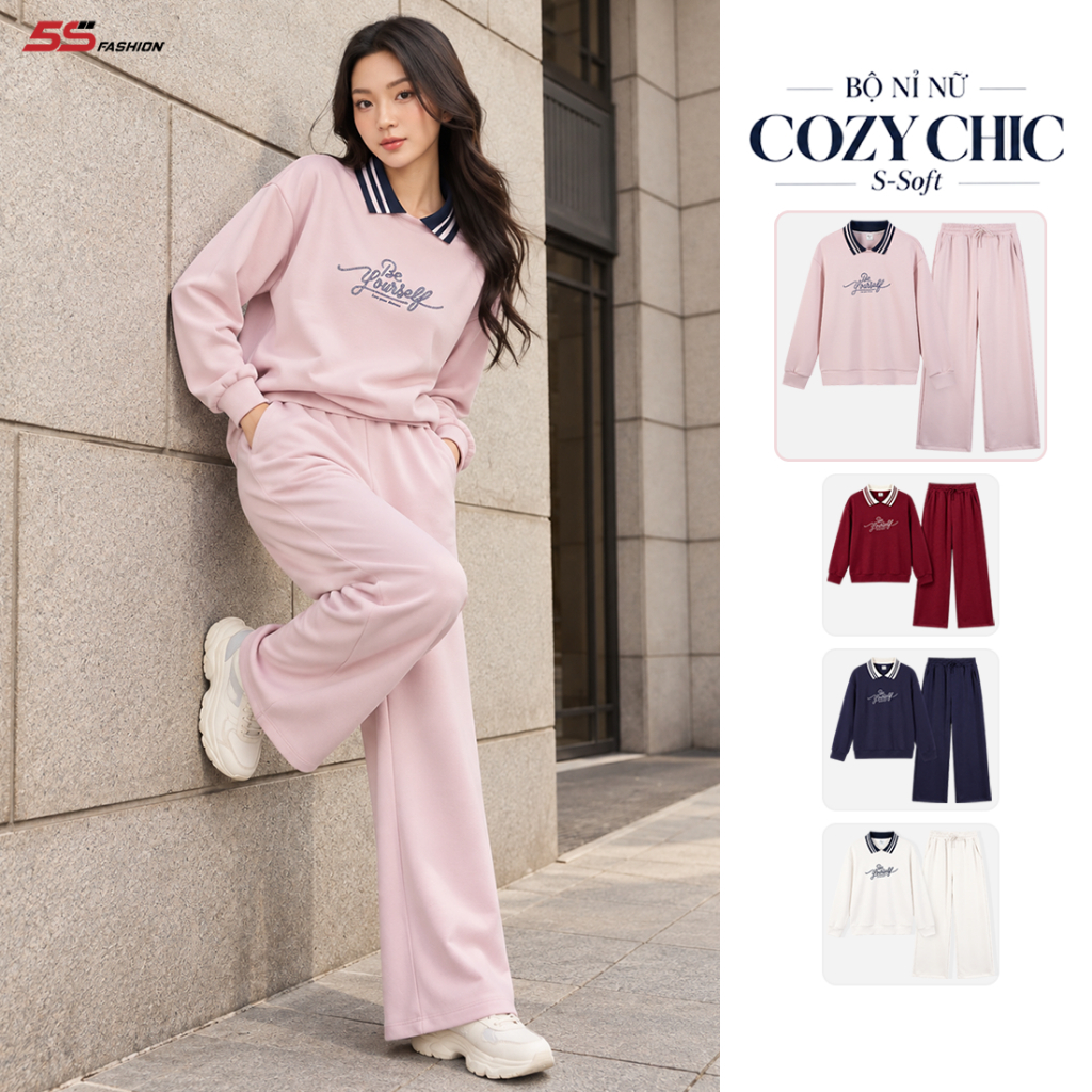 [GIÁ MỞ BÁN] Bộ Nỉ Nữ Dài Tay 5S FASHION COZY CHIC S-SOFT Mềm Ấm, Cổ Polo Phối Thời Trang WBNI26017