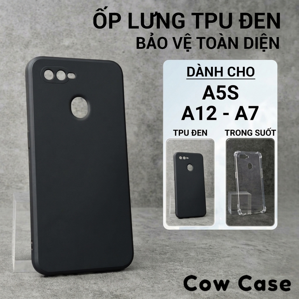 Ốp lưng Oppo A5S, A12, A7 Cowcase trơn màu đen | Ốp điện thoại Oppo dẻo bảo vệ camera đt toàn diện