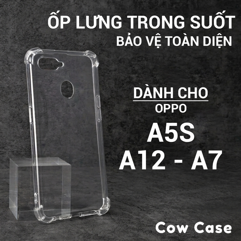 Ốp lưng Oppo A5S, A12, A7 Cowcase trơn trong suốt | Ốp điện thoại Oppo dẻo bảo vệ camera đt toàn diện