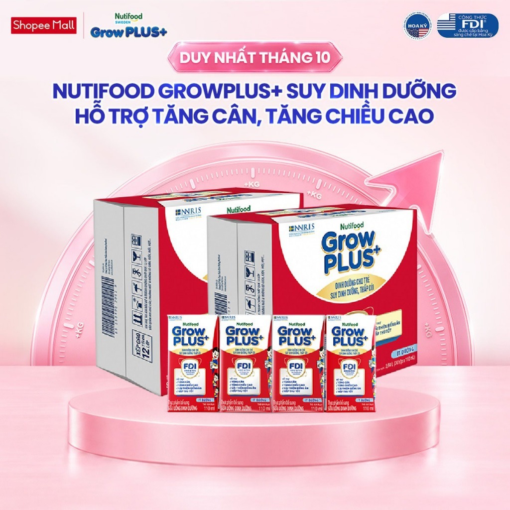 Combo 2 Thùng 24 SBPS Nutifood GrowPLUS+ Suy Dinh Dưỡng Ít đường 110ml - Tăng Cân, Tăng Chiều Cao (Bao bì tùy lô hàng)