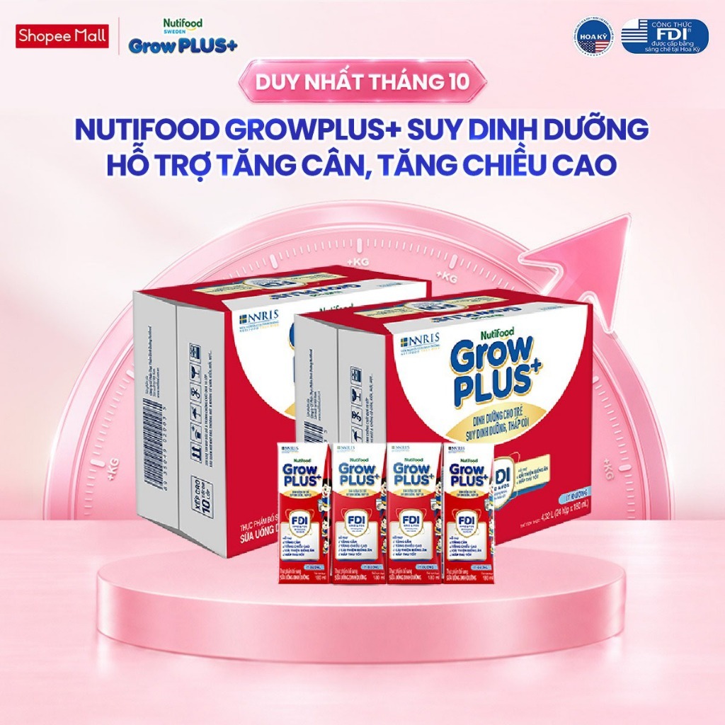Combo 2 Thùng 24 SBPS Nutifood GrowPLUS+ Suy Dinh Dưỡng Ít đường 180ml - Tăng Cân, Tăng Chiều Cao (Bao bì tùy lô hàng)