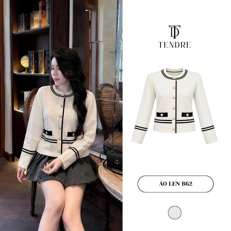 TENDRE - Áo Len Nữ Dệt Kim Cổ Tròn Viền Sọc Phối Màu, Áo Cardigan Len Cài Cúc Dài Tay Túi Ngực Phong Cách Tiểu Thư B62