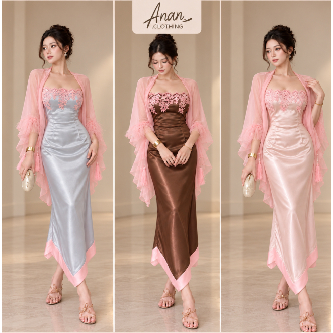 Set Váy Lụa Phối Ren Hoa Kèm Áo Choàng Hồng Voan Dáng Dài Sang Trọng Tiểu Thư Dự Tiệc Anan.clothing4