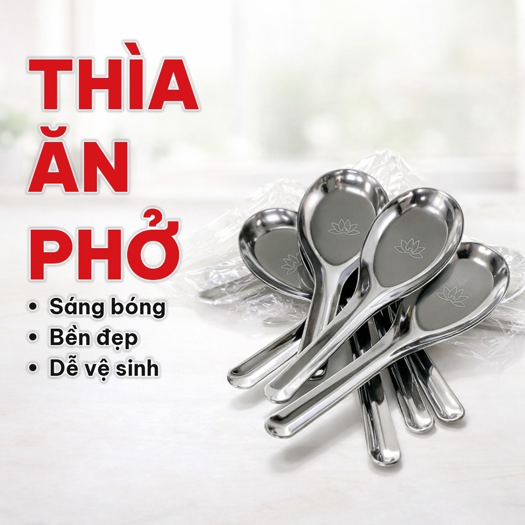 [COMBO 10] Thìa Ăn Phở Hoa Sen Dày Dặn, Muỗng Ăn Cơm Inox Không Gỉ Sáng Bóng, Dễ Vệ Sinh Cho Nhà Hàng