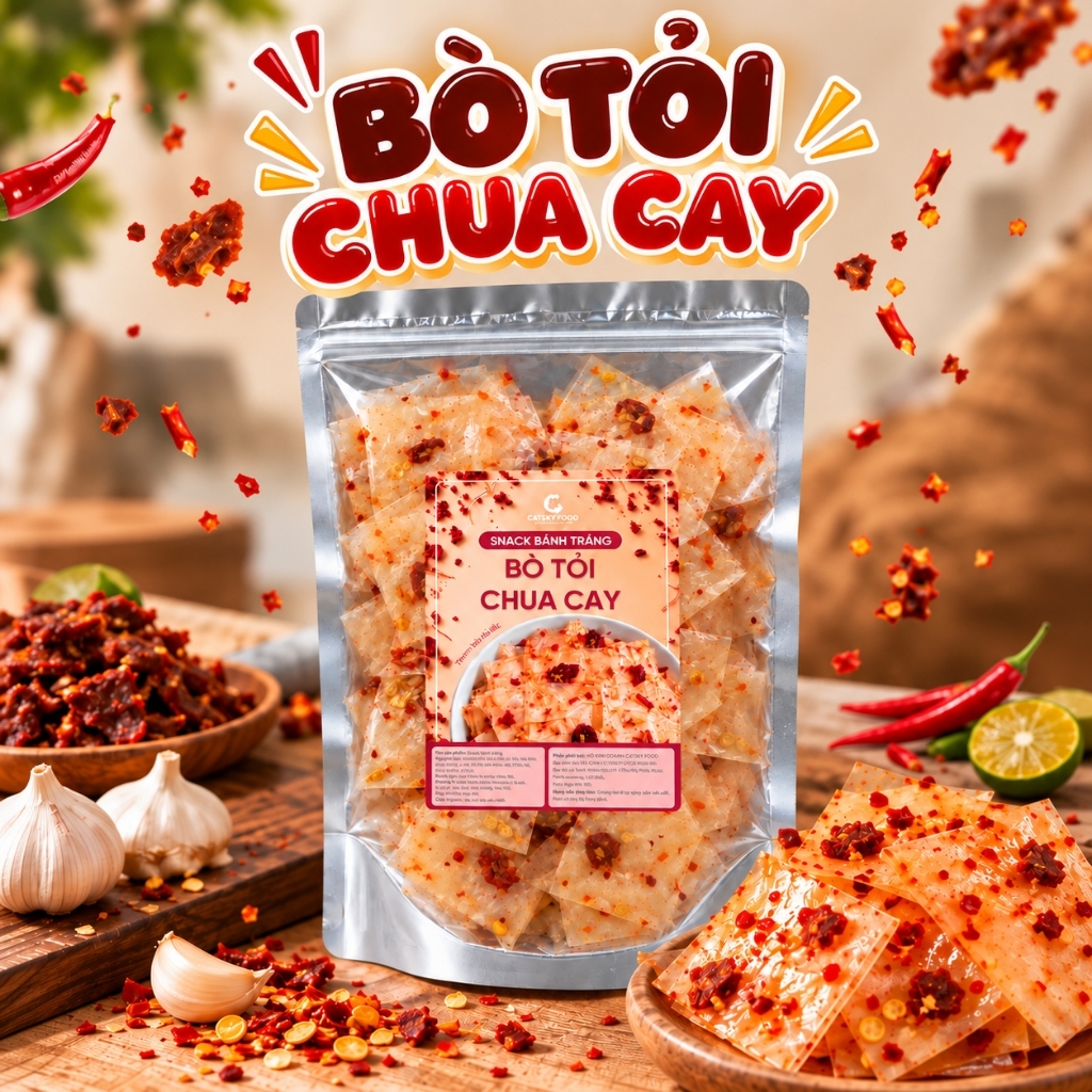 Bánh Tráng Bò Tỏi Chua Cay Catsky Food trộn vị tỏi ớt cay nồng kèm vị tắc chua thanh
