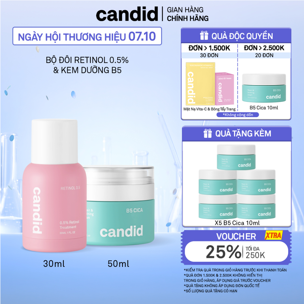 Bộ Đôi Hỗ Trợ Cải Thiện Và Phục Hồi Làn Da Candid Retinol 0.5% 30ml & Kem Dưỡng B5 Cica 50ml