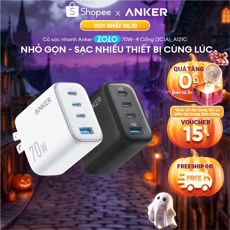 Củ sạc nhanh Anker Zolo 70W | 4 cổng (3 cổng USB-C & 1 cổng USB-A) | Chân gập gọn nhẹ | Sạc nhanh đa thiết bị - A121C