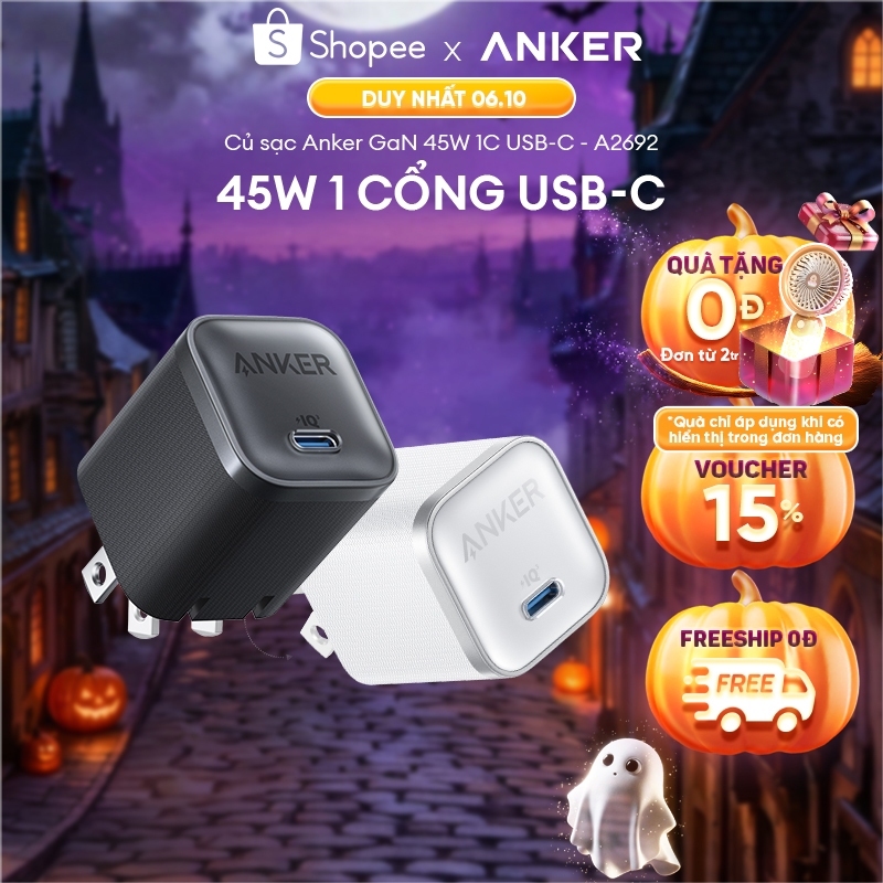 [Samsung/iPhone 15-17/Macbook] Củ sạc nhanh Anker Nano 45W | 1 cổng USB-C | Chân gập nhỏ gọn | Sạc nhanh an toàn - A2692