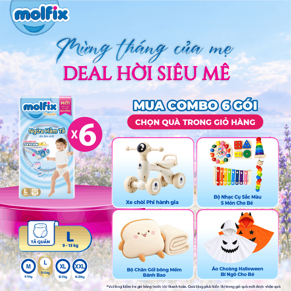 [Chọn QUÀ trong giỏ] Combo 6 gói Tã/bỉm quần Oxy Super Jumbo Molfix (CÓ MIX SIZE) giúp Ngừa Hăm Tã đủ các size