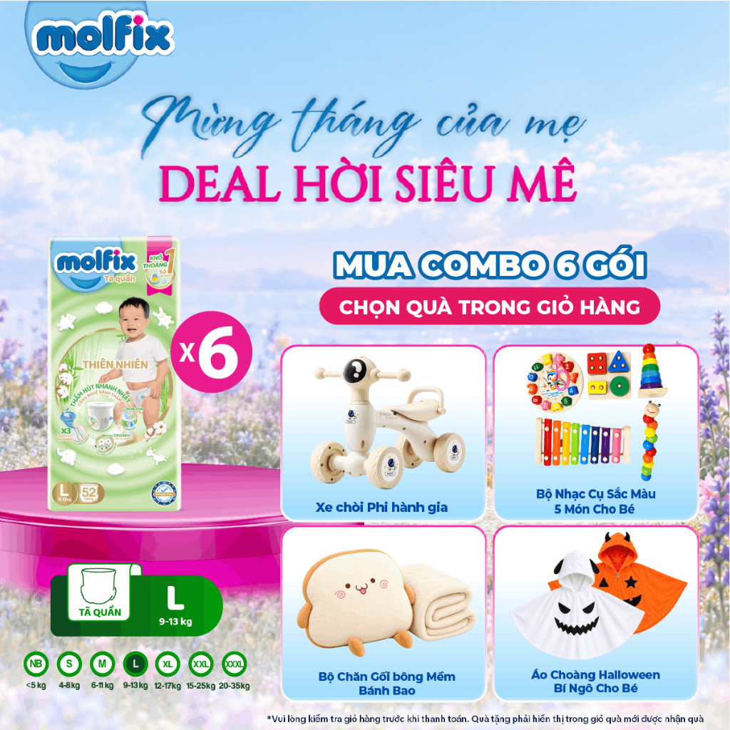 [CHỌN QUÀ TRONG GIỎ] Combo 6 Tã/bỉm quần Molfix Thiên nhiên Super Jumbo (CÓ MIX SIZE) M56/L52/XL46/XXL42 Cho Bé