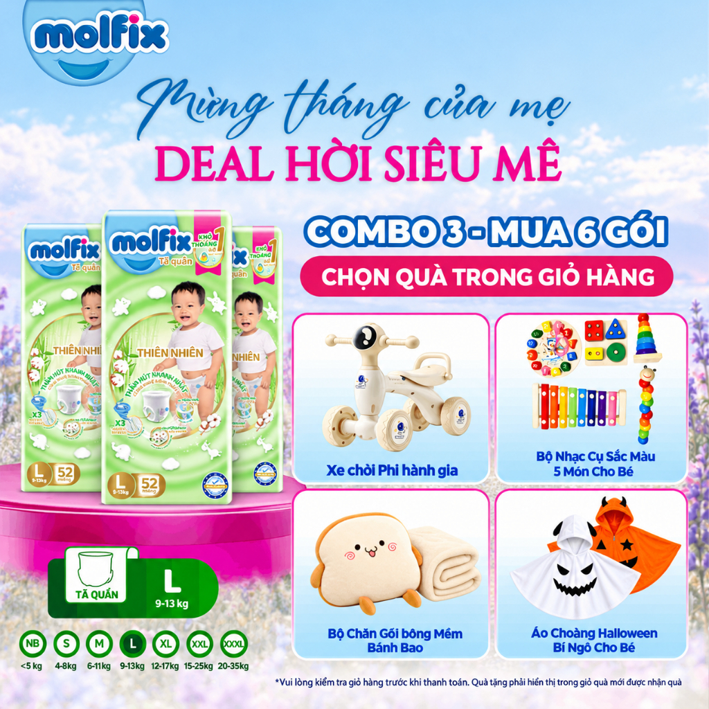 [Mua 6 gói_Chọn QUÀ trong giỏ] Combo 3 Tã/bỉm quần Molfix Thiên nhiên Super Jumbo size M/L/XL/XXL