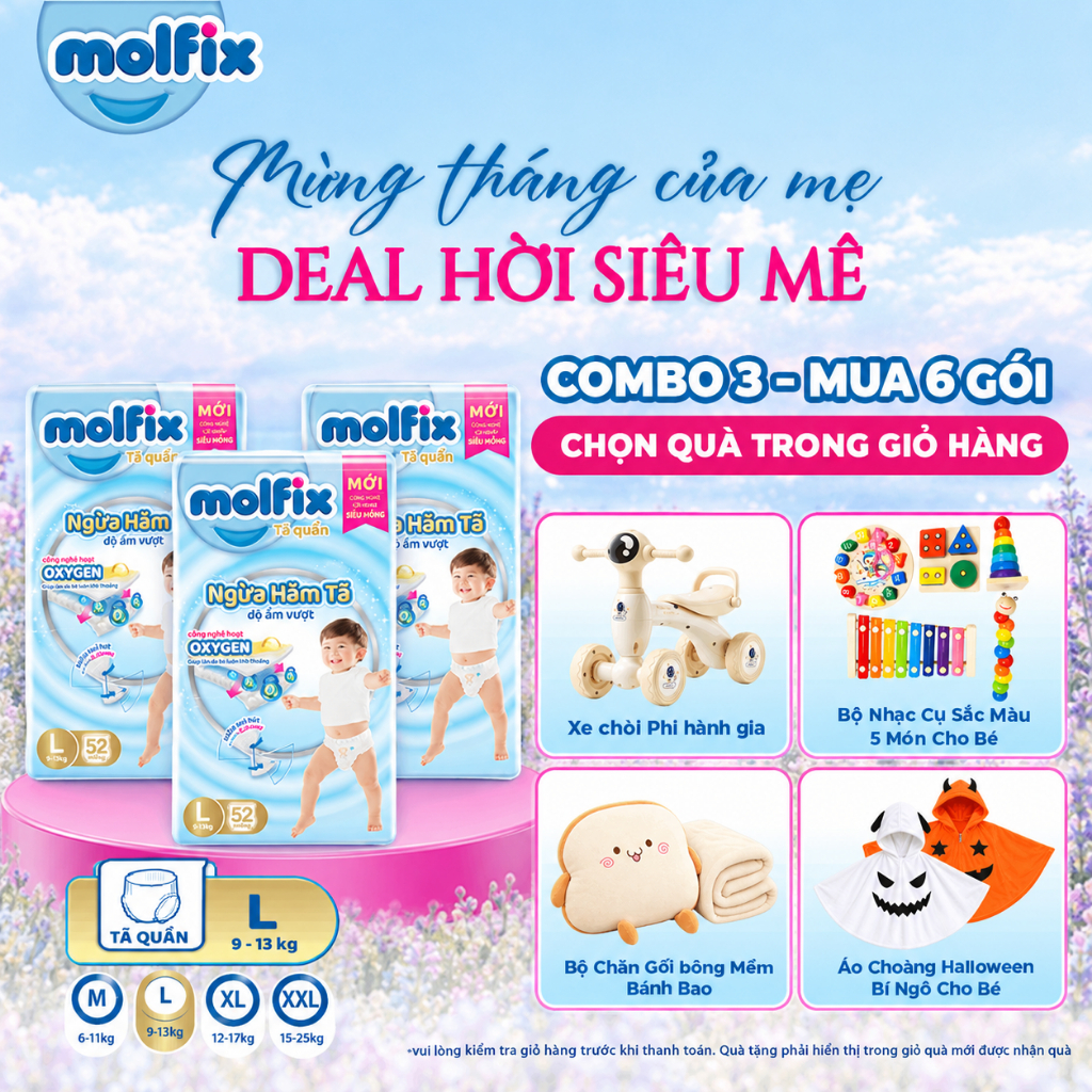 [Mua 6 gói_Chọn QUÀ trong giỏ hàng] Combo 3 Tã/bỉm quần Molfix Oxy Super Jumbo giúp Ngừa Hăm Tã đủ các size cho Bé